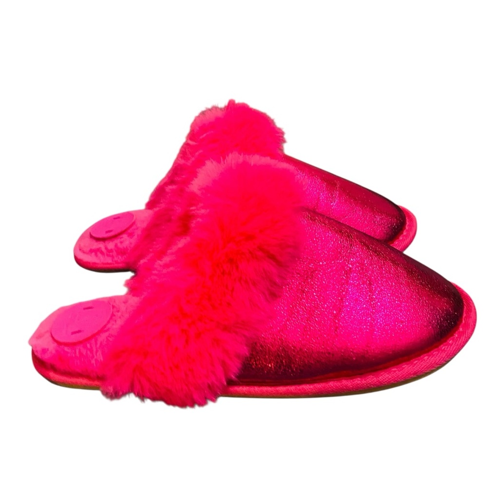 Anthropologie Hot Pink Metallic Fluffy Faux Fur Slippers Small